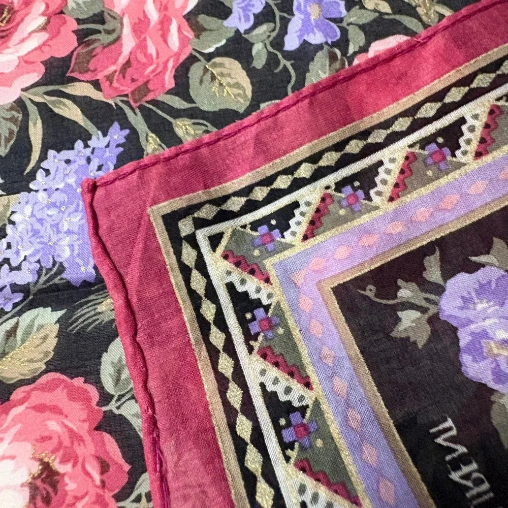 Vtg YVES SAINT LAURENT Scarf Handkerchief Floral Black Pink 19